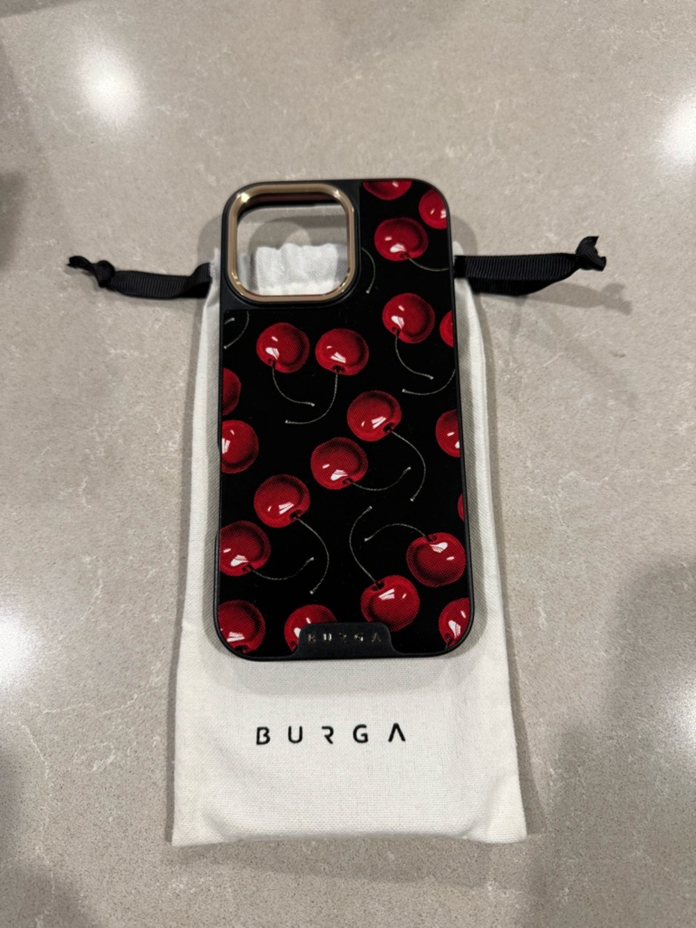 BURGA Black iPhone 16 pro max Case with Red Cherry Print